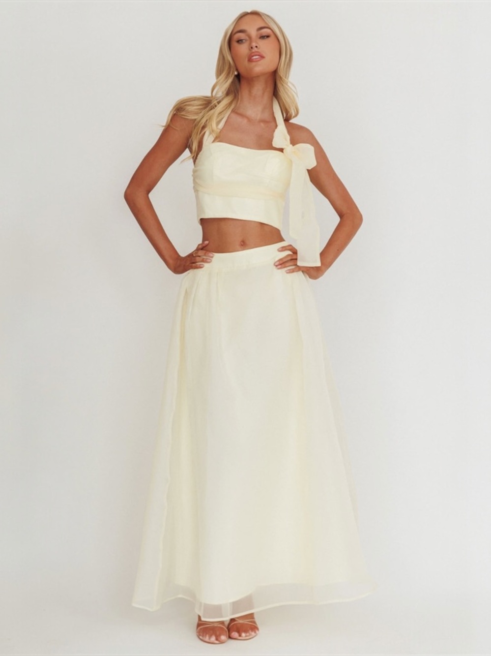 Butter Yellow Organza Bow Crop Top and Maxi Skirt Set Size Small